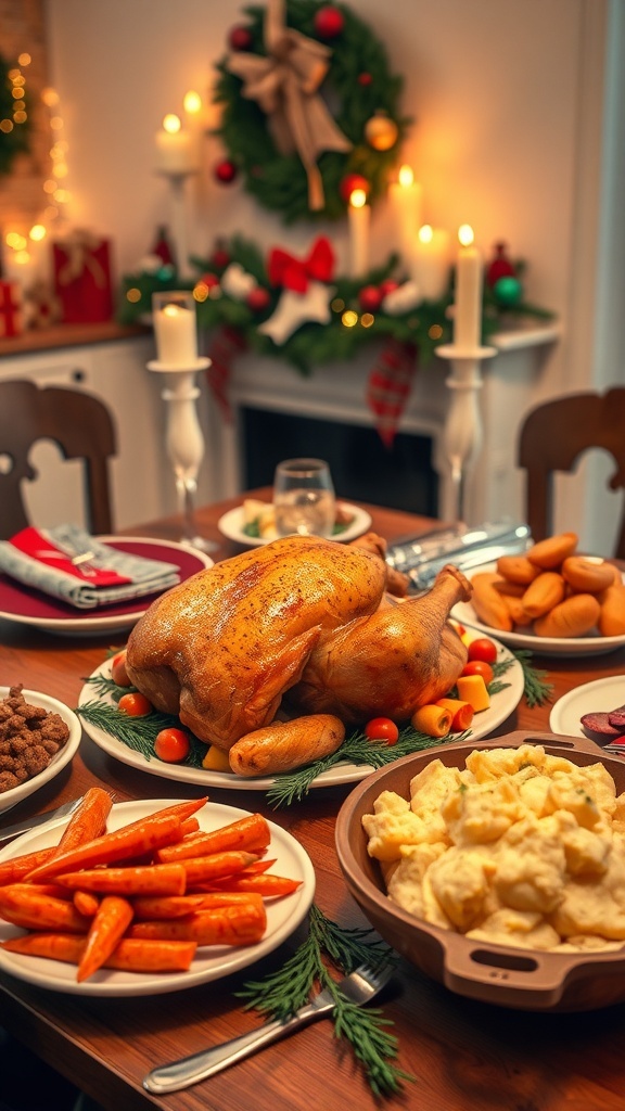 A festive Christmas dinner table featuring roast chicken, side dishes, and holiday decorations.